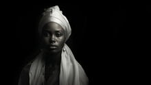 Hübsche Afroamerikanische Frau Gesicht Mit Wunderschönen Kopftuch In Schwarz Weiß  Nahaufnahme Querformat, Ai Generativ