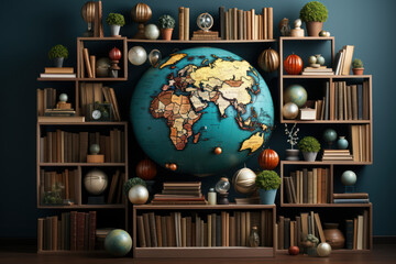 Wall Mural - A globe surrounded by books, illustrating the intersection of geography and literature in expanding one's horizons. Concept of world awareness. Generative Ai.