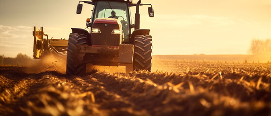 Wall Mural - A farmer driving a tractor prepares the field. As part of pre seeding chores in the early spring season of agricultural labor. Tractor plowing field at sunny day. Generative ai