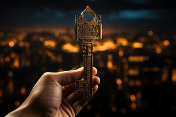 Poster - A person holding a key, symbolizing the unlocking of knowledge and enlightenment through philosophical inquiry. Concept of philosophical enlightenment. Generative Ai.