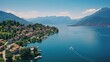 Romantic beautiful lake Iseo, aerial view of Lovere idyllic village surrounded by mountains. Italy , Bergamo province