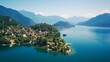 Romantic beautiful lake Iseo, aerial view of Lovere idyllic village surrounded by mountains. Italy , Bergamo province