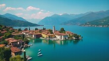 Romantic Beautiful Lake Iseo, Aerial View Of Lovere Idyllic Village Surrounded By Mountains. Italy , Bergamo Province
