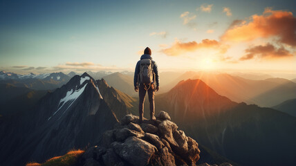 Sticker - young woman hiker standing on rock and enjoying the sunsetadventure