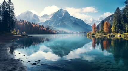  Beautiful view of Hintersee lake in autumn. Amazing nature landscape with mountains, lake and magical sky in autumn. Amazing atmospheric nature view. Travel destination.