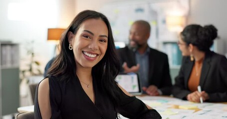 Poster - Meeting, smile and portrait of business woman with team planning or working on strategy together in startup company. Corporate, confident and professional employee at discussion in agency office