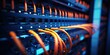 © DELstudio - Generative AI, Closeup shot of networking cable in the server room, server rack with fiber optic cables
