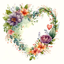 Wreath Frame Of Flowers In The Shape Of A Heart, Watercolor. Valentine's Day Concept.