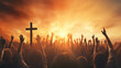 © Malambo/Peopleimages - AI - Hands silhouettes of a crowd raised up to worship God against a sunset sky