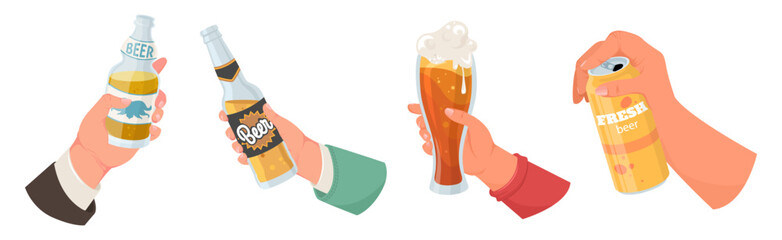 Human hands holding beer alcohol drink set