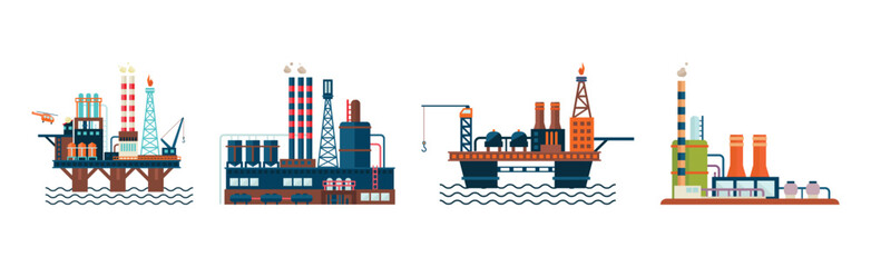 Wall Mural - Oil and Fuel Resources Industrial Production Vector Set