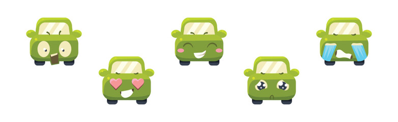 Canvas Print - Cute Green Car Cartoon Character Showing Different Emotion Vector Set