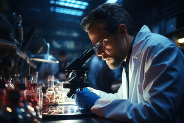 Poster - A scientist peering through a microscope, unraveling the mysteries of the microcosm. Concept of scientific inquiry. Generative Ai.