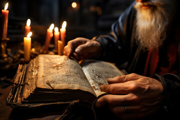 Poster - a close-up of a philosopher's hand holding a book with ancient philosophical texts, representing the