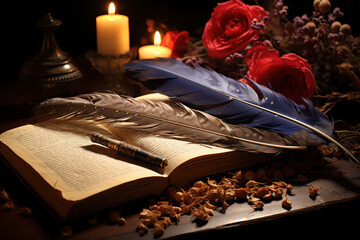 Fototapete - A philosopher's quill pen poised above a blank scroll, ready to articulate profound thoughts and questions. Generative Ai.