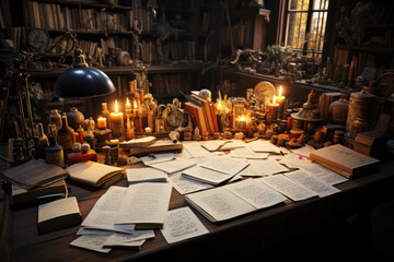 Poster - a philosopher's desk covered in notebooks filled with profound ideas and philosophical musings. gene