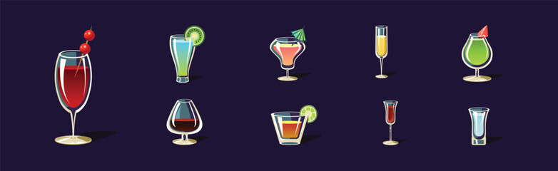 Poster - Cocktail and Beverage Poured in Glass as Alcohol Drink Vector Set