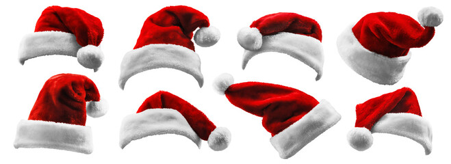 set of red santa claus hats isolated