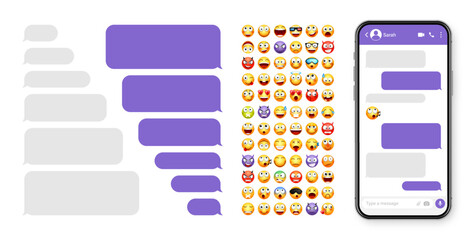 Wall Mural - Smartphone messaging app, user interface design with emoji. SMS text frame. Chat screen with violet message bubbles. Texting app for communication. Social media application. Vector illustration