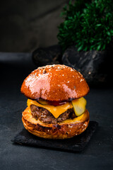 Poster - American beef burger with cheddar cheese, pickled cucumbers and ketchup.