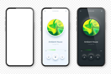Wall Mural - Online audio player user interface, smartphone app UI design. Music, media streaming and listening platform. Responsive mobile application. Neumorphism, neumorphic style. Vector illustration.