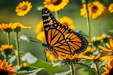 A Beautiful Monarch Butterfly Gracefully Perched On A Vibrant Sunflower In A Field Of Wildflowers