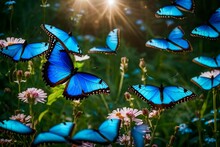 A Group Of Shimmering Blue Morpho Butterflies Hovering Above A Carpet Of Wildflowers