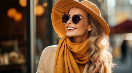 Wall Mural - beautiful smiling young woman in sunglasses and hat