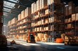 Large warehouse with tall shelves and forklift. Generative AI