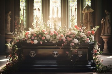 Wall Mural - Inside a church, a beautiful floral arrangement with white roses adorns a coffin during a funeral ceremony.