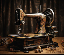 Antique Sewing Machine On Dark Old-fashioned Sewing Workshop. Image In A Retro Atmosphere