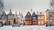 winter streets with small houses covered in snow, in the style of festive atmosphere. Christmas and New Year background.