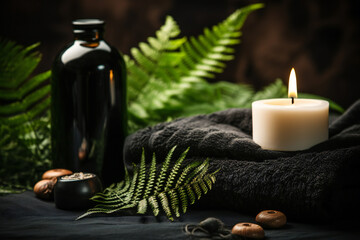 Towel on fern with candles and black hot stone on wooden background. Hot stone massage setting lit by candles. Massage therapy for one person with candle light. Beauty spa treatment and relax concept