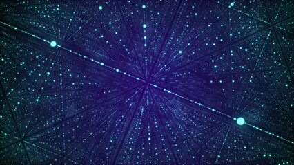 Wall Mural - Abstract dust particles with blue light on dark infinity background. Science space backdrop with moving glittering dots. Flying particles with effect bokeh. 3d rendering.
