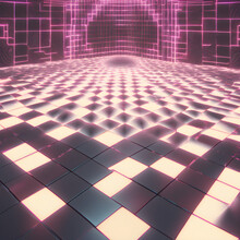 "3D, Render, Abstract, Neon Dance, Floor With Shifting Light Cream And Gray Fractal Patterns. Digital Iridescent Wallpaper."