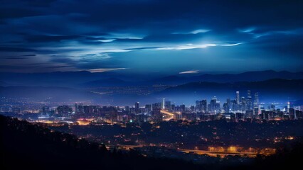 Wall Mural - panoramic view of a city skyline from a hilltop at dusk or evening, stunning scenic world landscape,