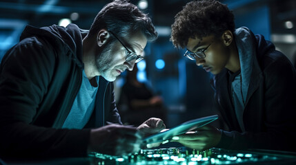 Portrait of two programmers using a digital tablet while working together on a computer code at night. Cyber security digital tech reflecting global network of users.