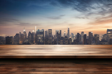 Fototapete - Empty table overlooking the city skyline at sunset and beautiful clouds background. High quality photo