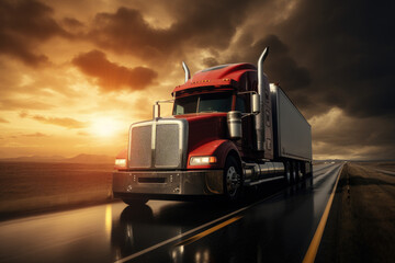 Wall Mural - In the logistics industry, a massive cargo truck speeds along a desert highway, hauling freight under a vibrant sunset, symbolizing efficient transportation and supply chain management.