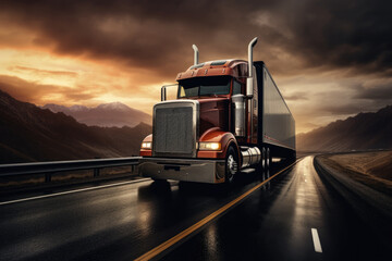 Wall Mural - In the logistics industry, a massive cargo truck speeds along a desert highway, hauling freight under a vibrant sunset, symbolizing efficient transportation and supply chain management.