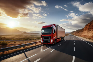 Wall Mural - In the logistics industry, a massive cargo truck speeds along a desert highway, hauling freight under a vibrant sunset, symbolizing efficient transportation and supply chain management.