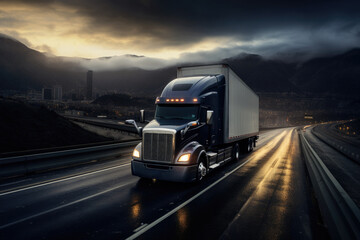 Wall Mural - In the logistics industry, a massive cargo truck speeds along a desert highway, hauling freight under a vibrant sunset, symbolizing efficient transportation and supply chain management.