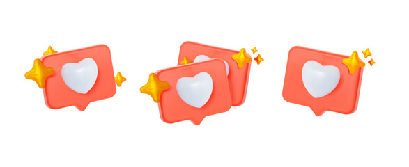 Aufkleber - 3D like heart button symbols with elements gold stars. Social media concept. heart shape social media notification. 3d vector images.   
