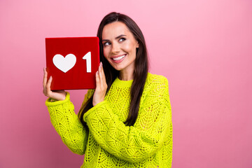 Canvas Print - Photo of cute dreamy adorable girl dressed yellow sweater look empty space hold one social media like isolated on pink color background