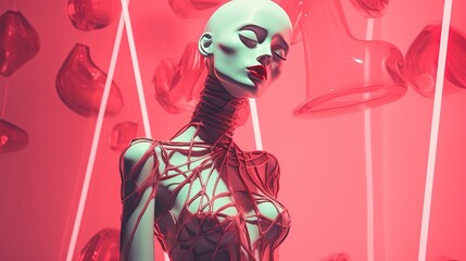 Wall Mural - Futuristic digital representation of a female figure with organic structures