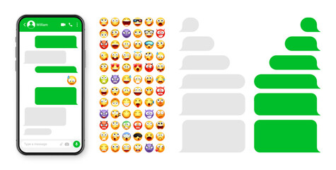Wall Mural - Smartphone messaging app, user interface design with emoji. SMS text frame. Chat screen with green message bubbles. Texting app for communication. Social media application. Vector illustration