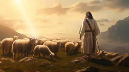 Wall Mural - Shepherd Jesus Christ leading flock of sheep and worshipping God. Christian and worship