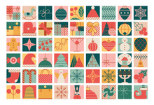 Christmas Blocks With Simple Toys, Balls, Star, Soldier, Tree, Candle. Vintage Style Geometric Illustrations