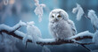 ute fluffy white Owl in hoarfrost frost on a branch under the snow in the Christmas park. Owl Bird as a concept of Christmas and New Year