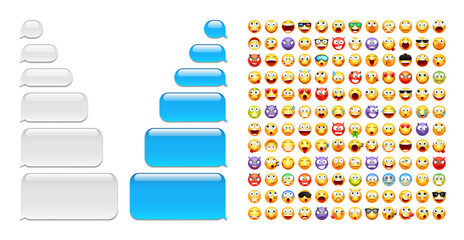 Wall Mural - Blank message bubbles with emoji. Blue chat or messenger speech bubble. SMS text frame. Short message sending. Conversation screen. Social media application. Vector illustration
